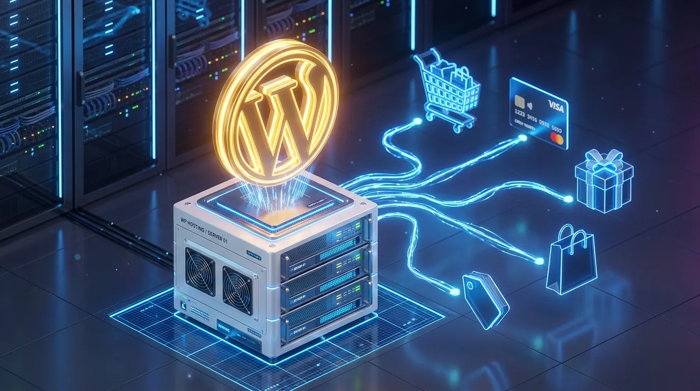 Managed WordPress Hosting 2026: The Strategic Choice for Fast Brands 3D isometric illustration of high-performance managed WordPress hosting for e-commerce.