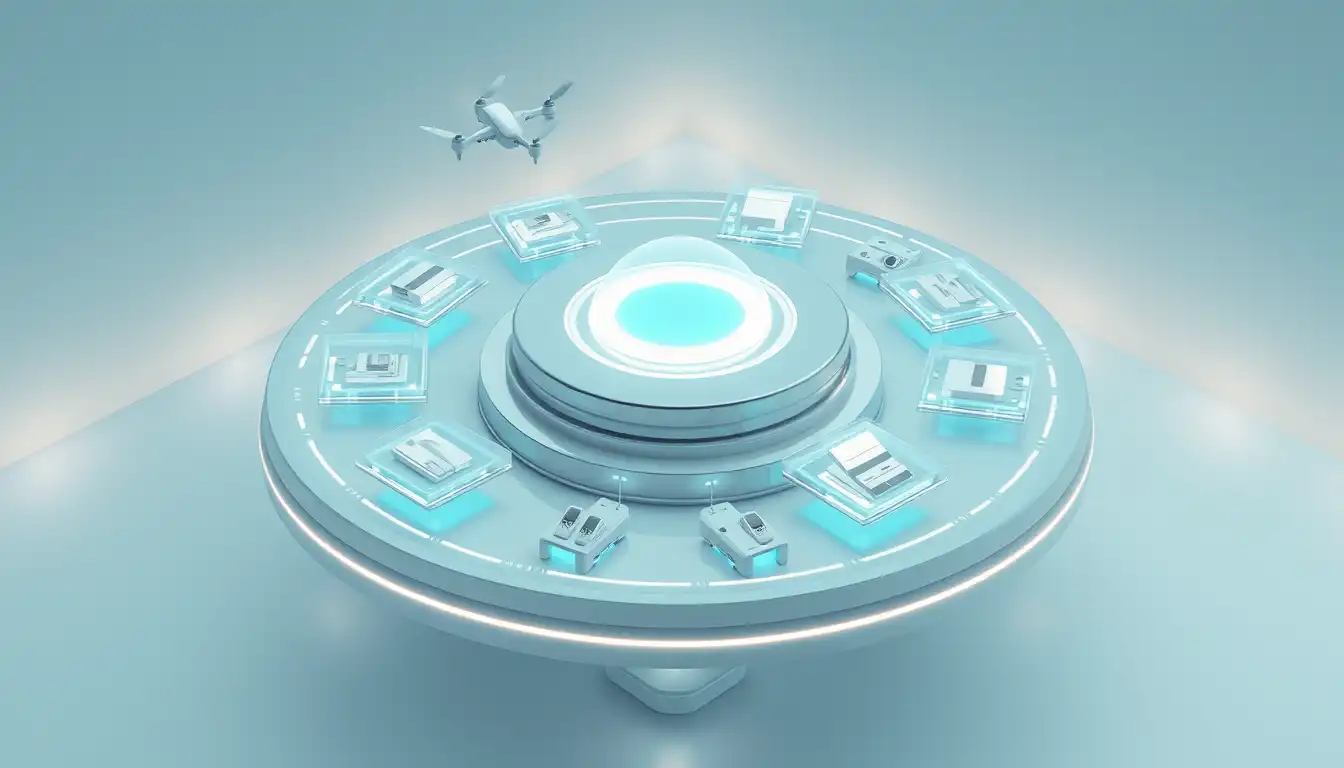 Futuristic 3D isometric view of an automated e-commerce hub with holographic displays and delivery drones