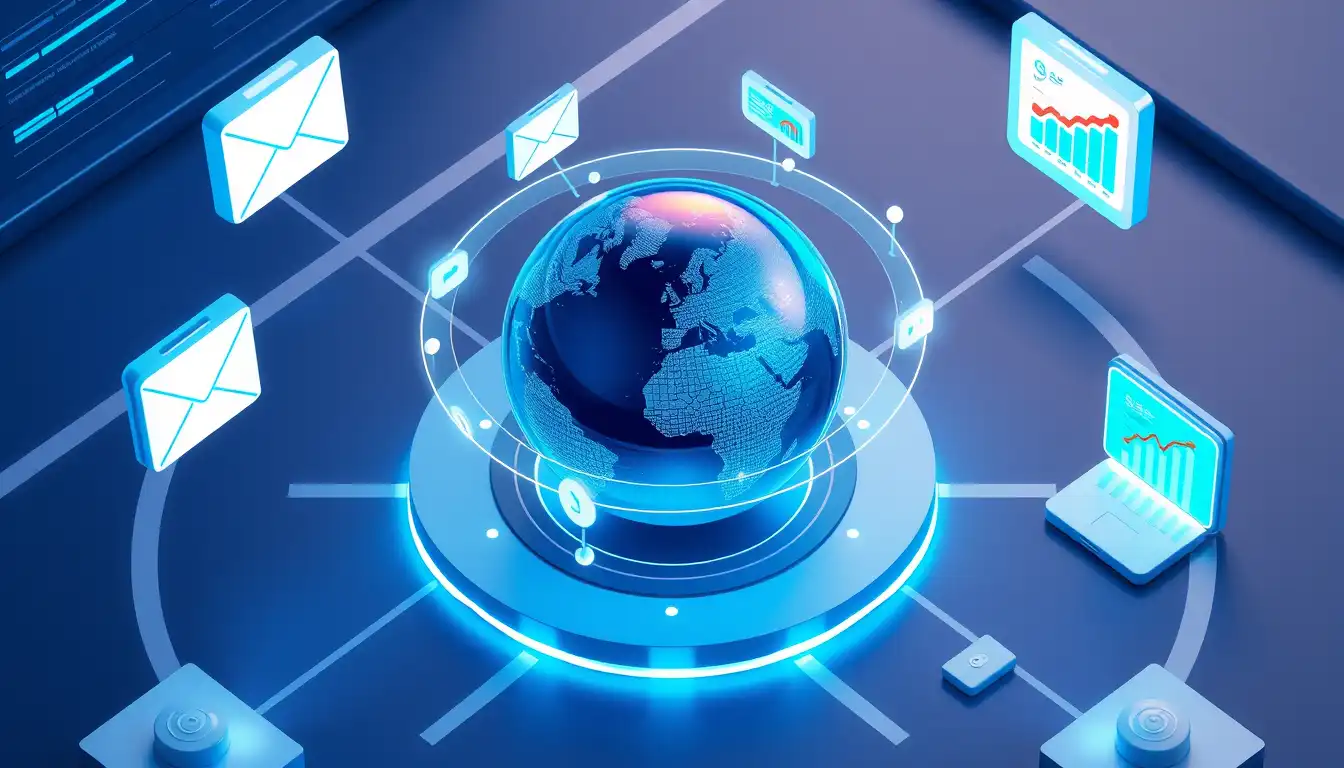 3D isometric digital command center representing a modern CRM system with floating data icons.