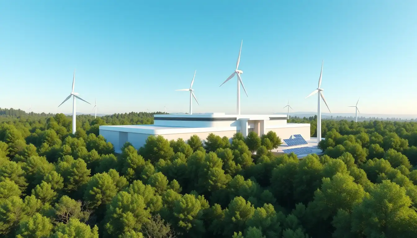 Sustainable Web Hosting Solutions 2026: Green Energy for Digital Growth 3D isometric view of a green data center powered by wind and solar energy in a forest setting