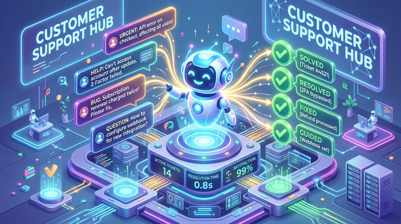 3D isometric illustration of an autonomous AI agent resolving multiple customer support tickets simultaneously.