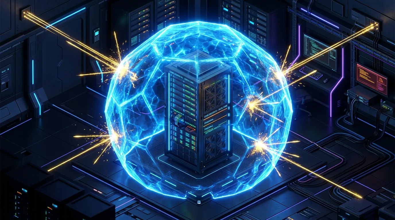 3D isometric illustration of a quantum-safe shield protecting a server rack from advanced digital threats.
