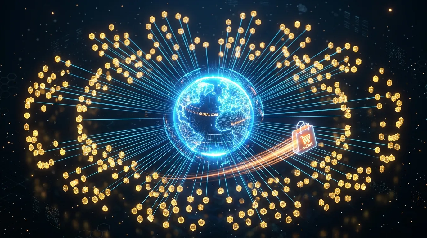 3D isometric illustration of a global edge hosting network delivering fast e-commerce content through decentralized nodes.