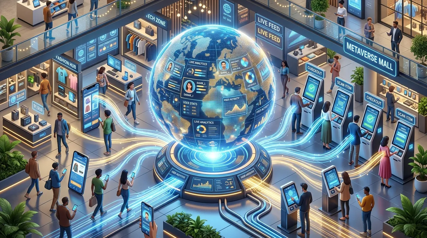 3D isometric illustration of a real-time Customer 360 data platform powering an adaptive retail environment.