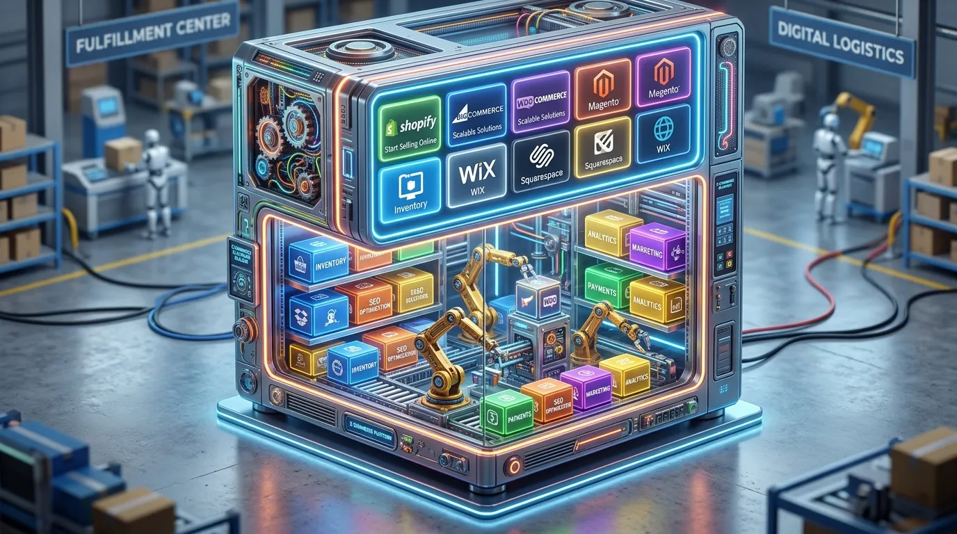3D isometric illustration of modular e-commerce platform components being managed by AI in 2026.