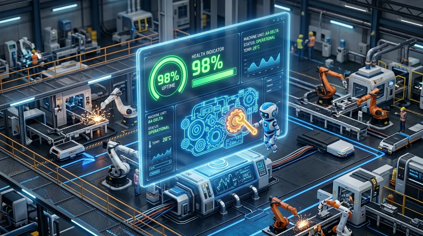 3D isometric illustration of an AI CMMS software platform managing automated predictive maintenance workflows.