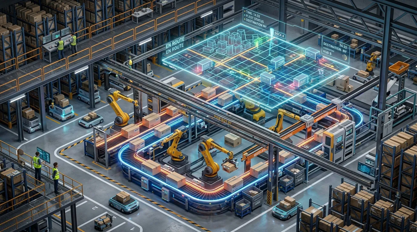 Omnichannel Fulfillment 2026: Syncing Inventory for Tighter Margins 3D isometric illustration of a synchronized omnichannel fulfillment center utilizing real-time data.