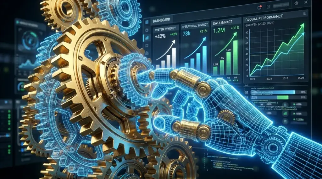 Small Business AI Trends 2026: Shifting from Hype to Daily Utility gear interlocking with hand silh%e2%80%a6 202605151127