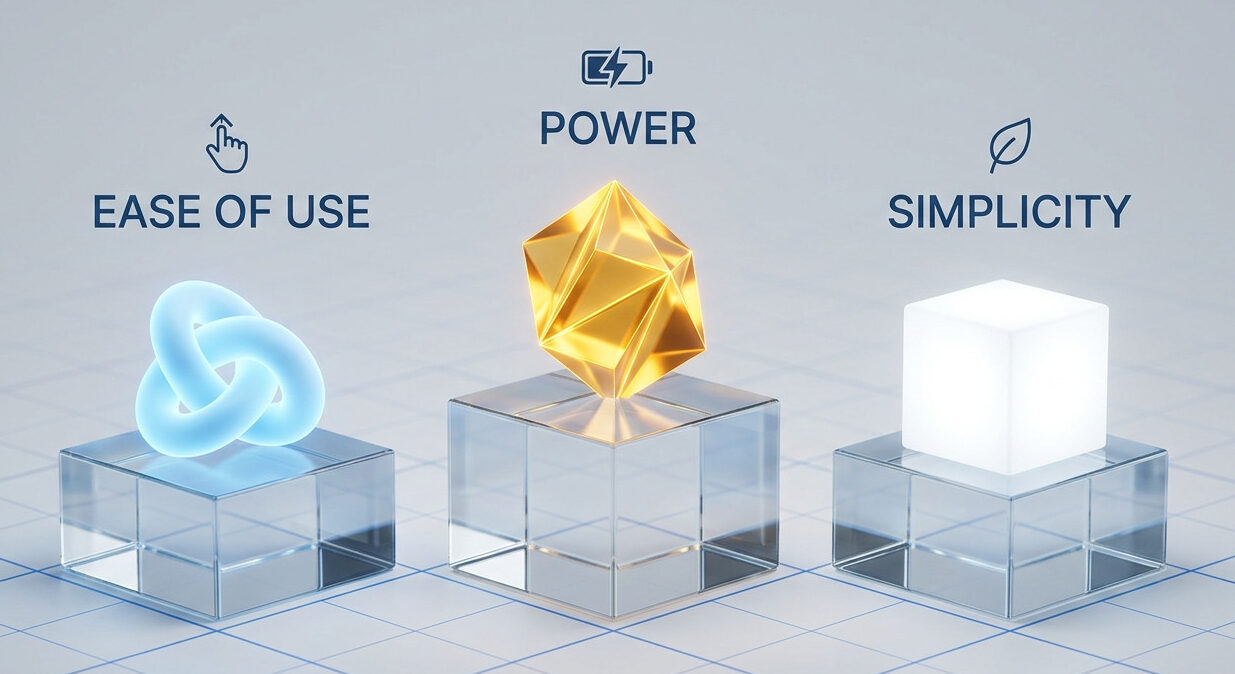 3D graphic of glass pedestals representing the core strengths of different CRM platforms.