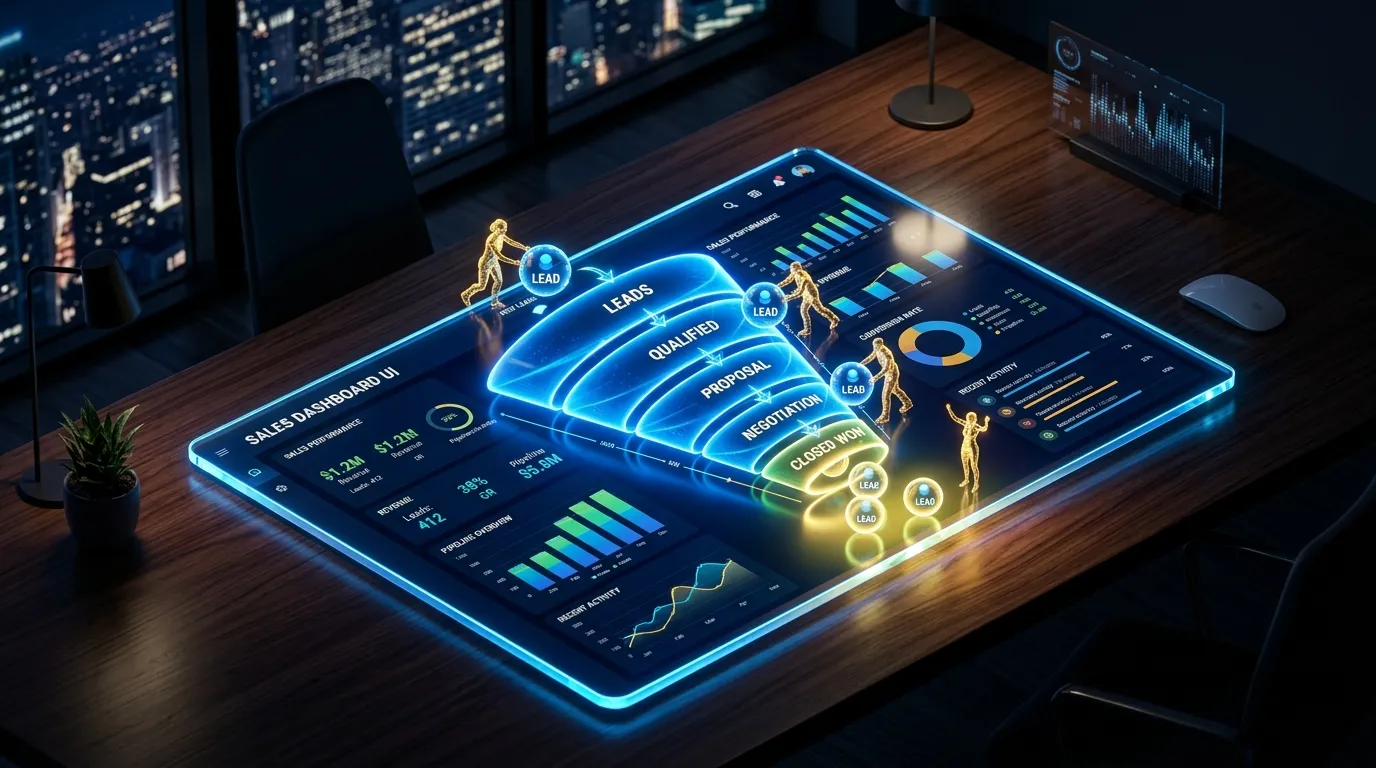 3D isometric illustration of an autonomous AI CRM dashboard managing a sales pipeline with holographic precision.