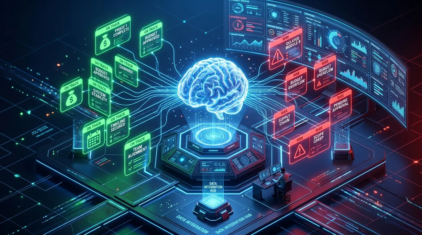 3D isometric illustration of an AI project management system predicting risks and managing tasks.