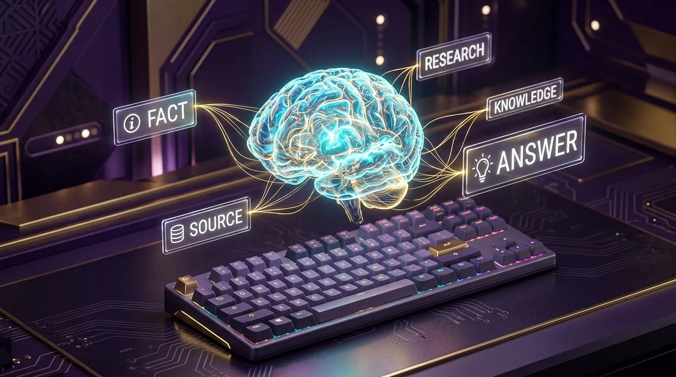 3D isometric illustration of a digital brain extracting facts and sources, symbolizing Answer Engine Optimization.
