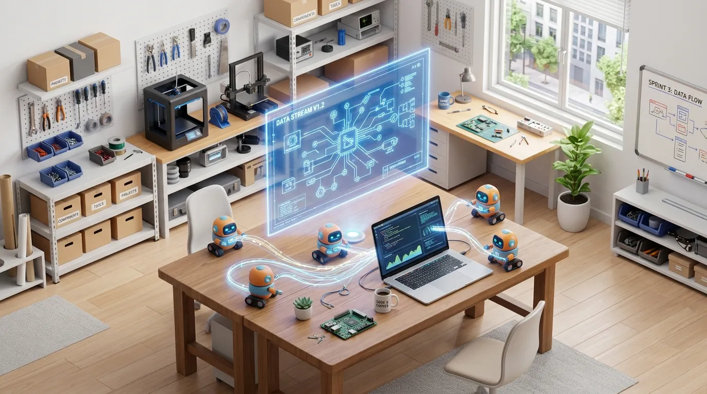 Small Business AI Trends 2026: Shifting from Hype to Daily Utility 3D isometric illustration of a small business environment integrating agentic AI and automated workflows.