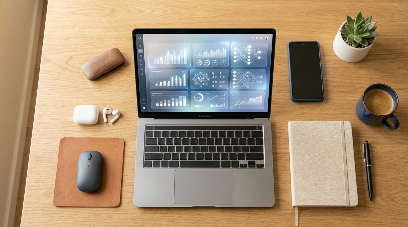 AI tools for small business displayed on a laptop in a modern workspace