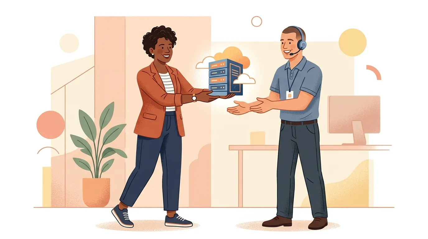 Illustration of a business owner handing off server management to a managed WordPress hosting provider, representing the concept of fully managed technical support