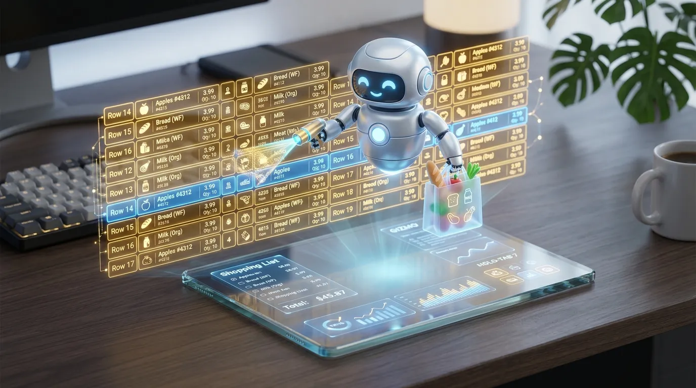 3D isometric illustration of an autonomous AI agent browsing structured product data in a 2026 e-commerce environment.