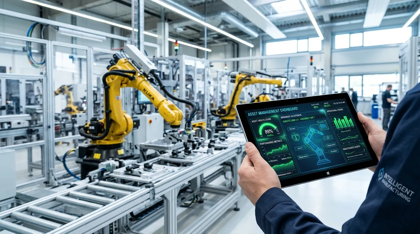 Modern digital tablet displaying predictive maintenance software dashboards inside a clean automated manufacturing facility.