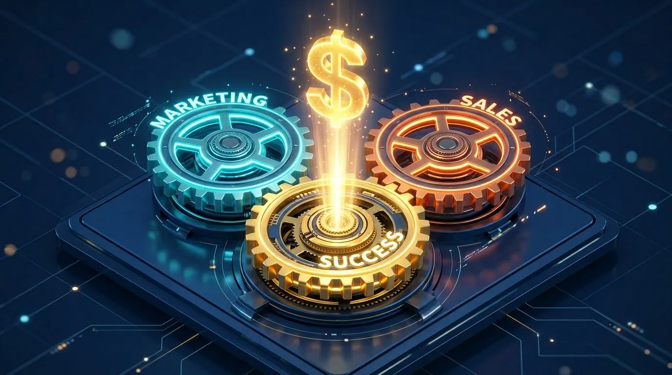 3D isometric illustration of interlocking gears representing the alignment of marketing, sales, and success in AI revenue operations.