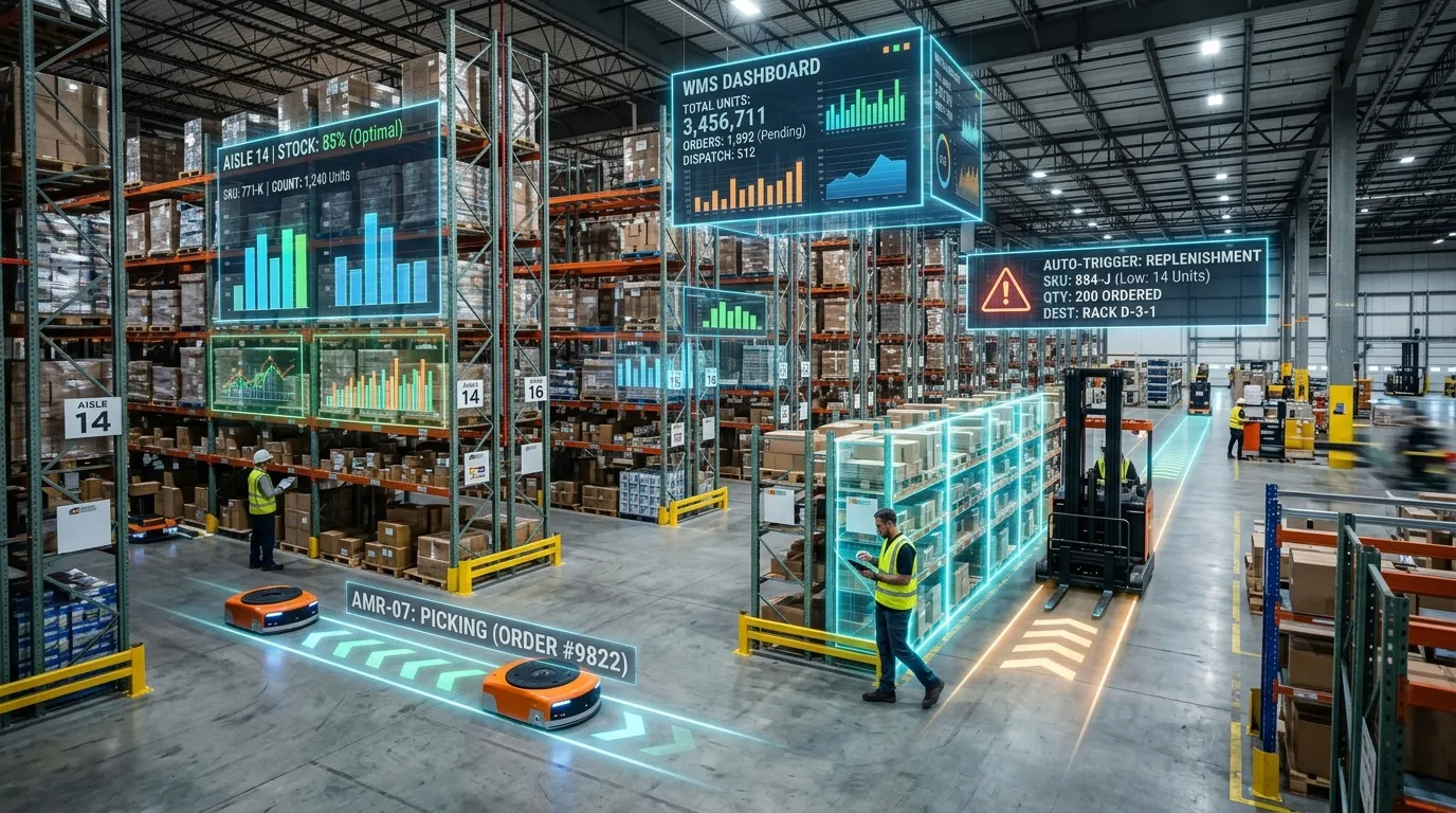 Automated inventory replenishment system showing real-time stock level overlays and purchase order triggers inside a modern warehouse
